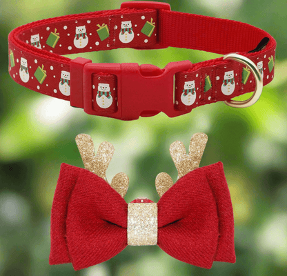 Adjustable Christmas Dog Collar with Antler Bow Tie & Snowman Accessories – Festive Holiday Dog Collar for Medium Dogs