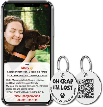 Stainless Steel QR Code Pet ID Tags Dog Tags - Pet Online Profile - Scan QR Receive Instant Pet Location Alert Email