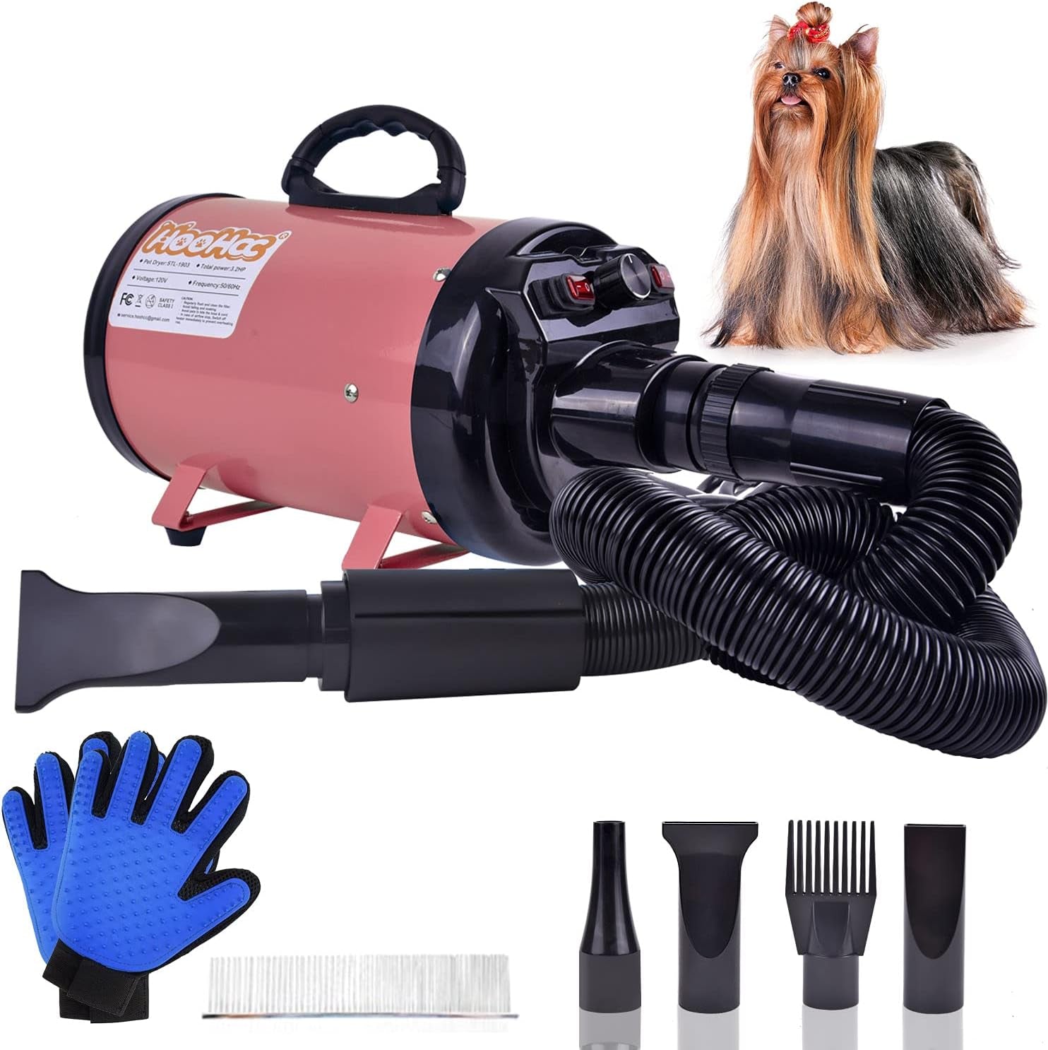 High-Velocity Dog Hair Dryer with Heater - Professional Grooming Pet Blower | Adjustable Speed, 4 Nozzles, Comb & Glove Included