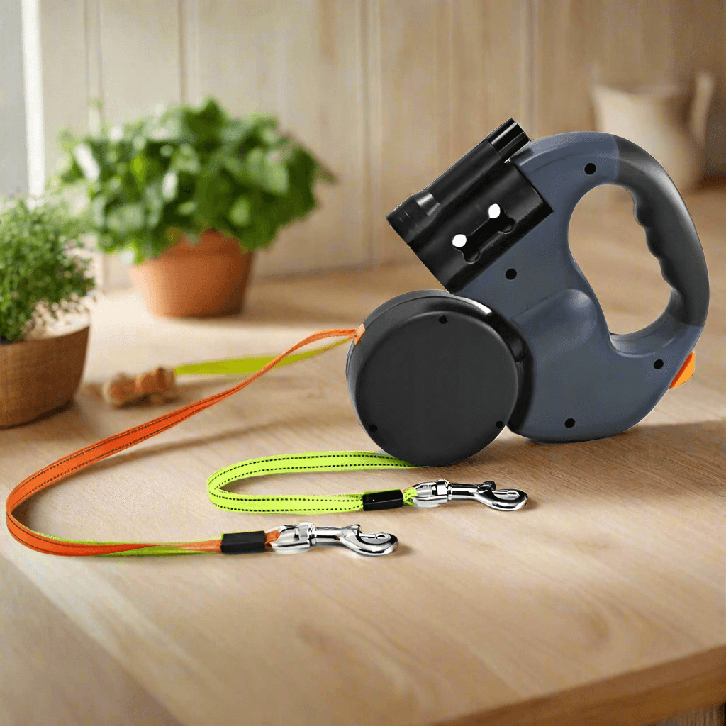 LED Automatic Retractable Dog Leash with Dual Heads and Convenient Plastic Bag Dispenser - Essential Pet Accessory