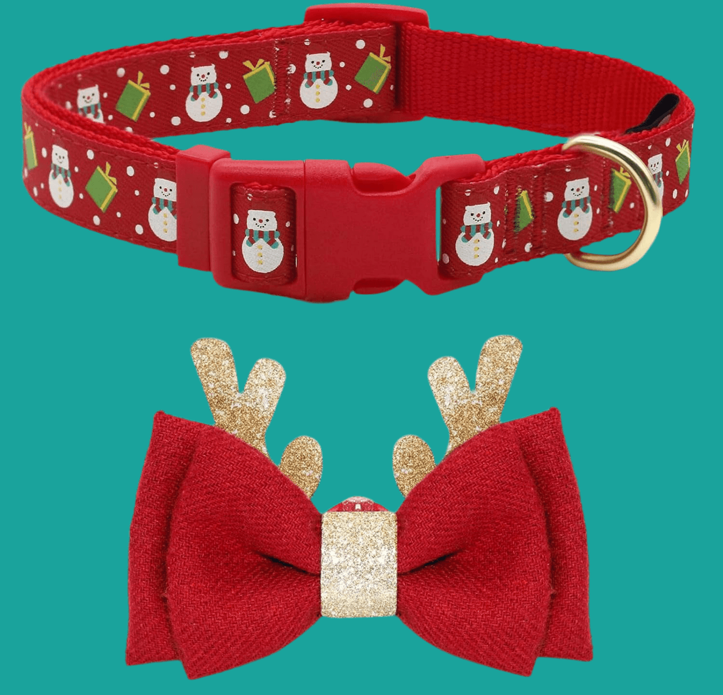 Adjustable Christmas Dog Collar with Antler Bow Tie & Snowman Accessories – Festive Holiday Dog Collar for Medium Dogs