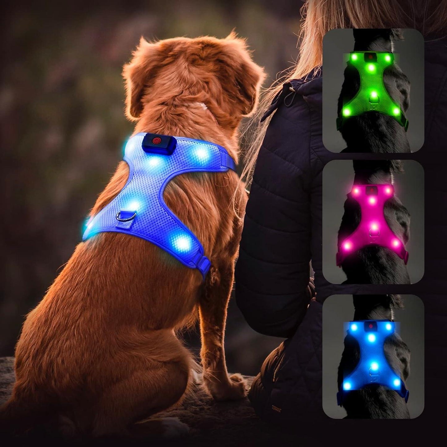 LED Dog Harness, Lighted up USB Rechargeable Pet Harness, Illuminated Reflective Glowing Medium Large Dogs