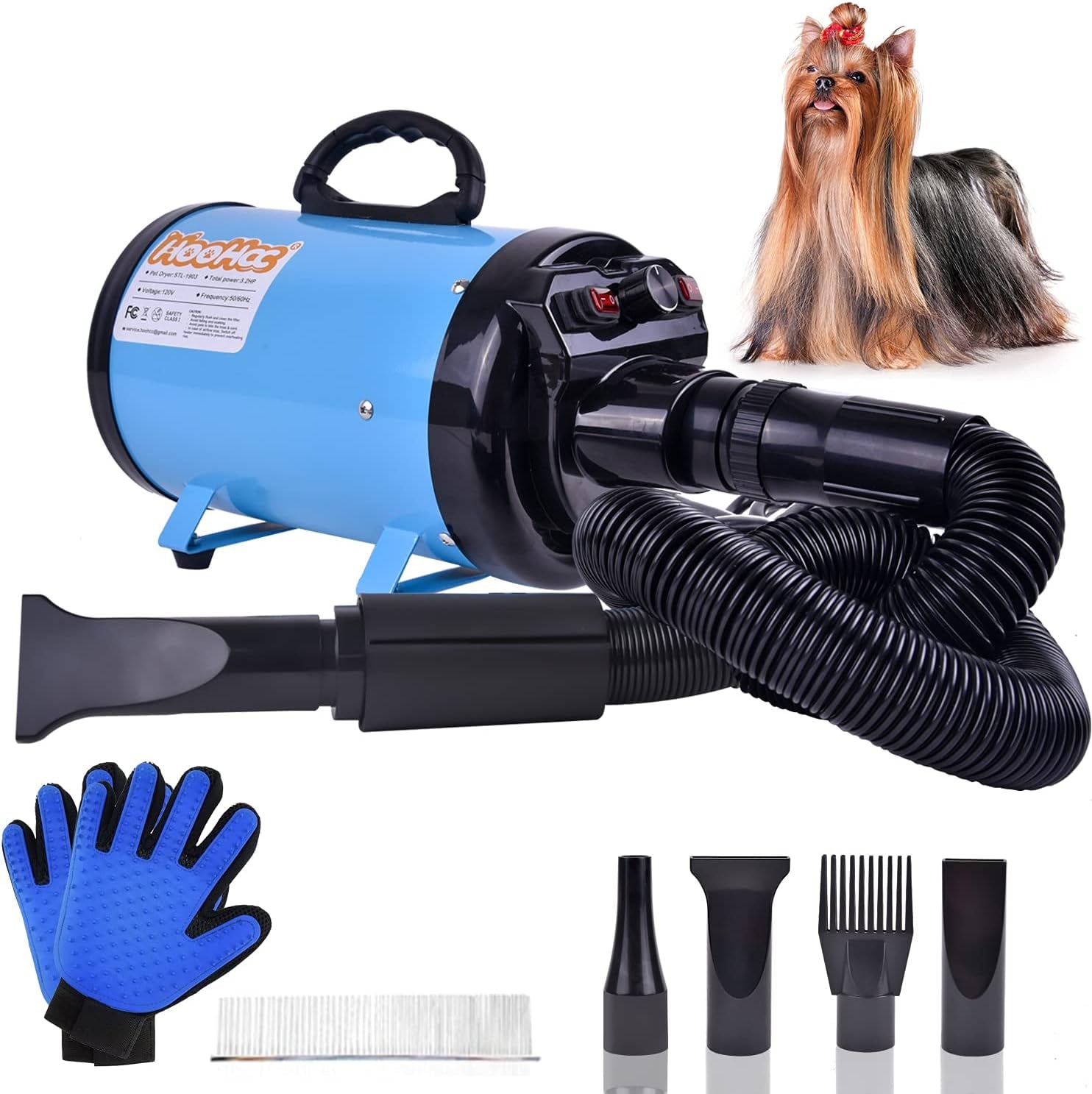 High-Velocity Dog Hair Dryer with Heater - Professional Grooming Pet Blower | Adjustable Speed, 4 Nozzles, Comb & Glove Included