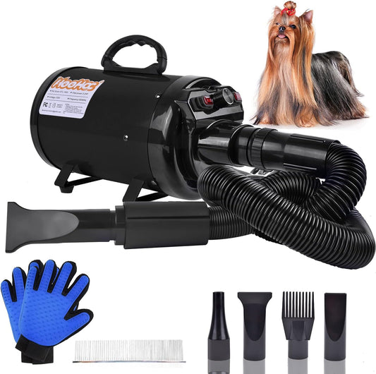 High-Velocity Dog Hair Dryer with Heater - Professional Grooming Pet Blower | Adjustable Speed, 4 Nozzles, Comb & Glove Included