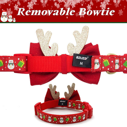 Adjustable Christmas Dog Collar with Antler Bow Tie & Snowman Accessories – Festive Holiday Dog Collar for Medium Dogs