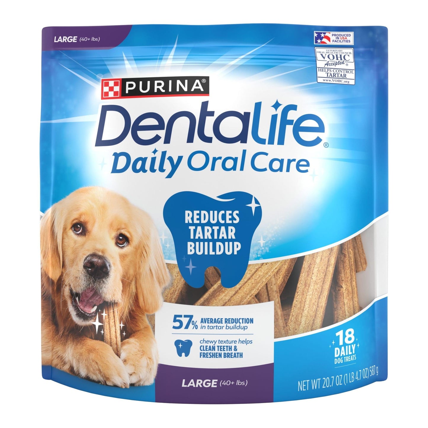 Purina  Daily Oral Care Large Dog Dental Treats with Chicken, 20.7 Oz Pouch (18 Count)