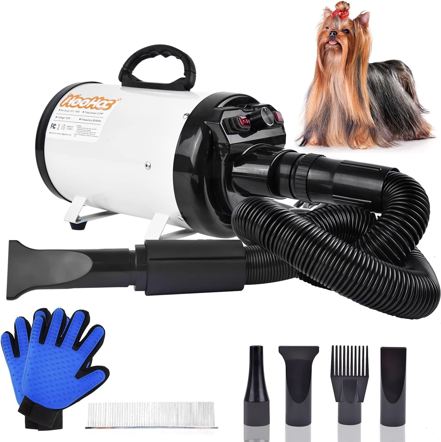 High-Velocity Dog Hair Dryer with Heater - Professional Grooming Pet Blower | Adjustable Speed, 4 Nozzles, Comb & Glove Included