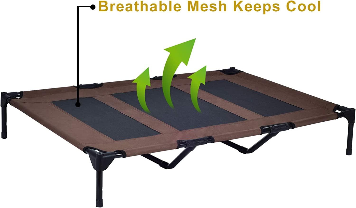 Large Elevated Pet Cot with Removable Canopy – Durable 1680D Oxford Fabric, Breathable Mesh for Cooling, Portable Raised Dog Bed for Camping, Beach, and Outdoor Use (Brown)