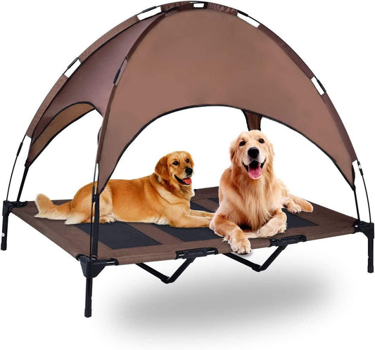 Large Elevated Pet Cot with Removable Canopy – Durable 1680D Oxford Fabric, Breathable Mesh for Cooling, Portable Raised Dog Bed for Camping, Beach, and Outdoor Use (Brown)