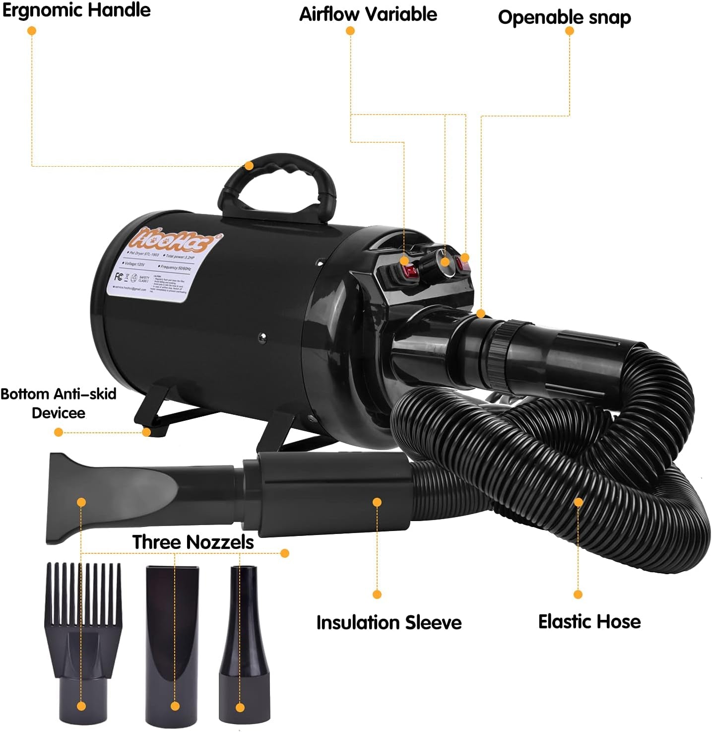 High-Velocity Dog Hair Dryer with Heater - Professional Grooming Pet Blower | Adjustable Speed, 4 Nozzles, Comb & Glove Included