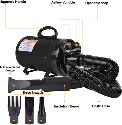 High-Velocity Dog Hair Dryer with Heater - Professional Grooming Pet Blower | Adjustable Speed, 4 Nozzles, Comb & Glove Included